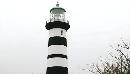 Discover the charm of lighthouse architecture with black and white stripes merging with the ocean.