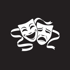 icon of comedy and tragedy theatrical masks isolated on black background
