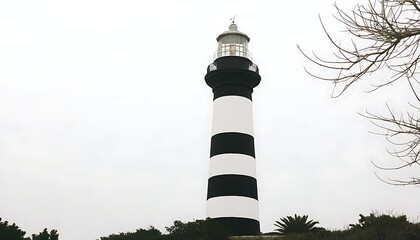 Discover the charm of lighthouse architecture with black and white stripes merging with the ocean.