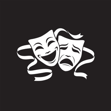 icon of comedy and tragedy theatrical masks isolated on black background