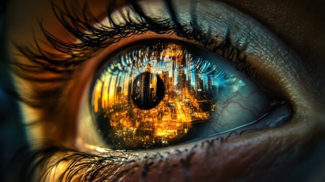 Ojo humano con paisaje urbano reflejado