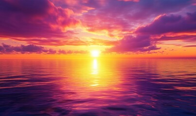 Obraz premium Vibrant sunset over calm ocean waters, colorful clouds reflecting on surface, serene atmosphere, tranquil scene