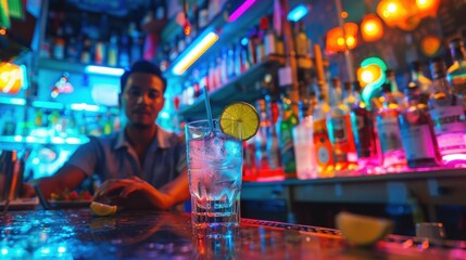 Barman carefully measuring ingredients for a cocktail, neon lights casting a vibrant glow, bar patrons eagerly awaiting their drinks