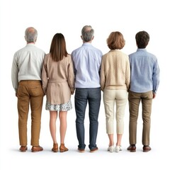 Obraz premium Diverse Group of Five People Standing in a Line from Behind on White Background