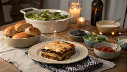 Family-style eggplant lasagna with salad and rolls on a dining table