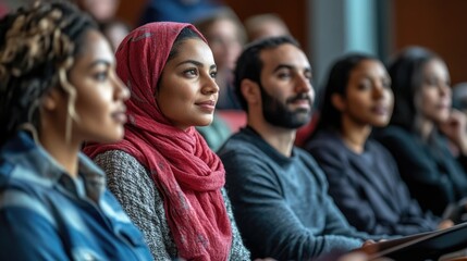 Diverse Group of Young Adults Attentively Listening in a Lecture Hall Setting