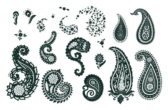 Set of black and white paisley silhouette motifs isolated on white background. Indian style monochrome design elements bundle