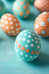 Obraz premium Turquoise and Orange Polka Dot Easter Eggs on a Matching Background, Easter Celebration Concept