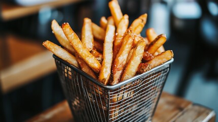 Close-up of crunchy tasty french fries on the wooden table, cafe, blurred background.