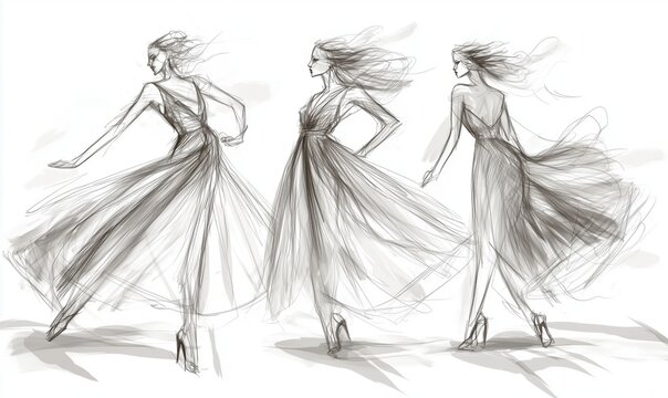 Fashion sketches elegant dresses flowing designs, showcasing three models in dynamic poses, highlighting movement and style.