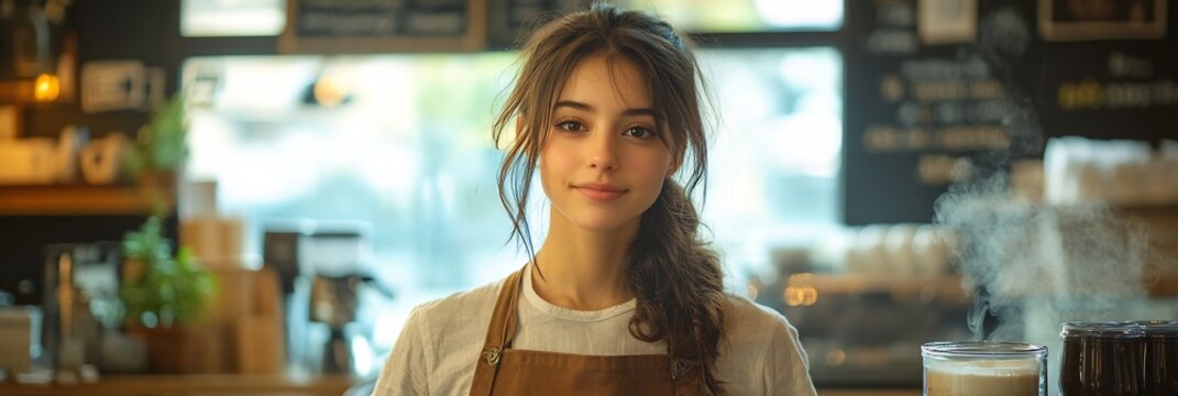 barista steaming milk for a creamy cappuccino in a stylish cafe surrounded by feminine decor soft pastel colors and a detailed menu board creating a charming and cozy atmosphere - Powered by Adobe