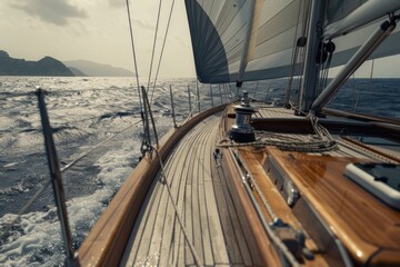 Sailboat sailing in the open ocean with blue water and white foam, good for travel or adventure concept