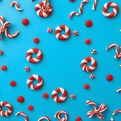 Fototapeta premium Creative minimal Christmas art. Pattern made with Christmas candies on bright blue background. Flat lay. Copy space. Minimal composition.