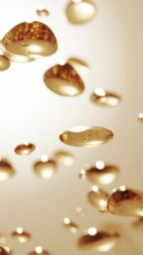 Golden oil or collagen droplets float in liquid. Omega fatty acids or retinol bubbles. Concept luxury skincare cosmetics, anti-aging treatments and moisturizing beauty products. Premium cosmetic