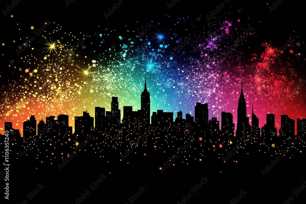 Aufkleber the skyline showcases towering buildings adorned with bright fireworks lighting up the night sky in 