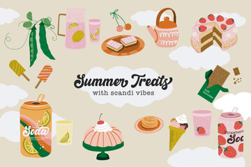 Scandinavian Summer dessert Vector Set, hand drawn retro treats, cream cake, soda cans, chocolate bar, ice cream, coffee and cinnamon roll vector icons
