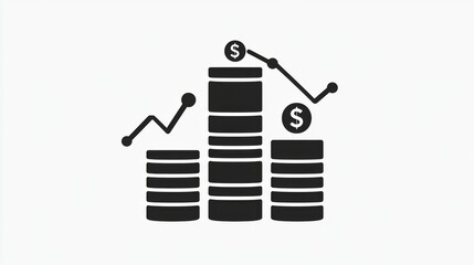 Minimalistic bar graph icon with stacked coins and dollar signs on a dark background