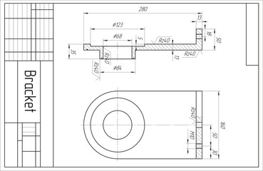 Vector mechanical part of machine - bracket.
Engineering assembly drawing of steel device
with dimension lines. Industrial technic 
cad scheme on white paper sheet. Machined tool.