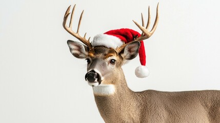 Festive deer in a Santa hat. AI.