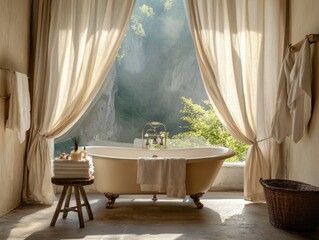 Fototapeta premium A bathtub with a wooden stool next to it. A basket of towels is on the floor