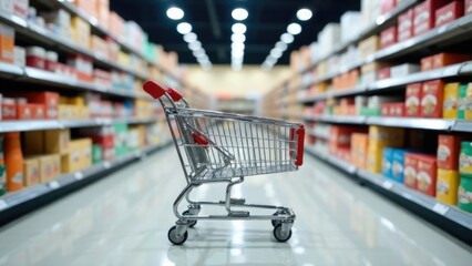 Empty shopping cart sits in the middle of a brightly lit supermarket aisle, with shelves of various products softly blurred in the background. Concept of retail shopping and consumer choice.