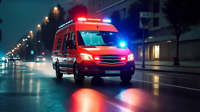 An orange ambulance rushes through wet streets illuminated by vibrant lights. Emergency teams work swiftly during a stormy night, showcasing their dedication to saving lives.