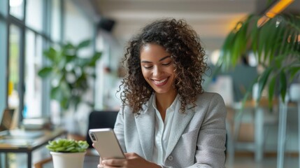 Businesswoman in a bright office, Hispanic, engaging with her smartphone, dressed formally