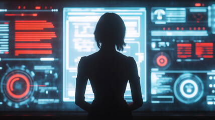 a silhouette of a confident female leader standing in front of a futuristic digital interface. The interface displays glowing, transparent charts and graphics, and bar graphs and circular diagrams.