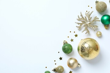 Festive Christmas background with various decorations, top wiew