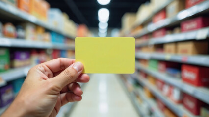 A hand holds a blank yellow card in the foreground  against a blurred background of supermarket shelves. Concept of retail advertising or marketing.