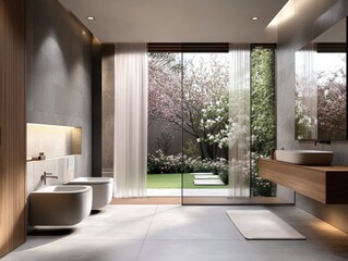Fototapeta premium A bathroom with a large window and a sliding glass door. The bathroom has a sink and a toilet