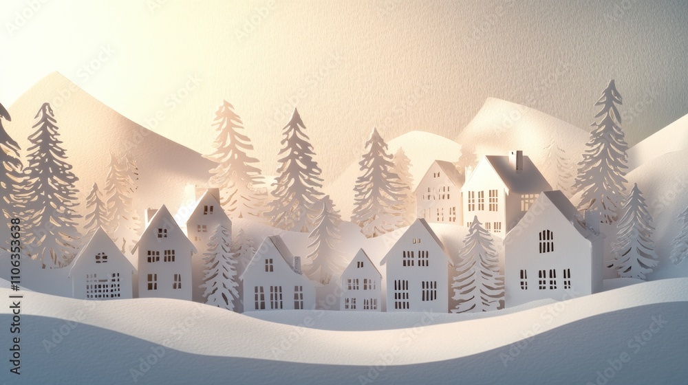 Poster intricate paper-cut village showcases charming houses and pine trees, creating a whimsical winter wo