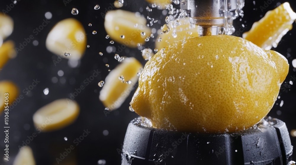 Poster lemons are being juiced with a modern machine enhanced by ai technology, creating a refreshing drink