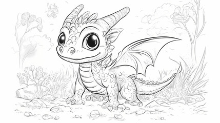 Cute kind dragon, coloring book for children, black and white illustration, generative ai. Draconic. Illustration