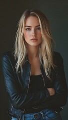 Fototapeta premium A woman with blonde hair and a leather jacket posing