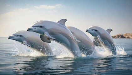 Naklejka premium Playful group of dolphins frolicking in crystal clear waters. 