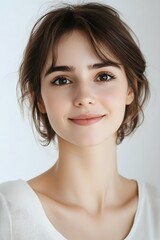 Fototapeta premium A woman with brown eyes and short brown hair is smiling on white background