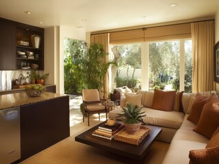 Fototapeta premium A living room with a couch, coffee table, and a kitchen area. The kitchen has a dishwasher and a sink