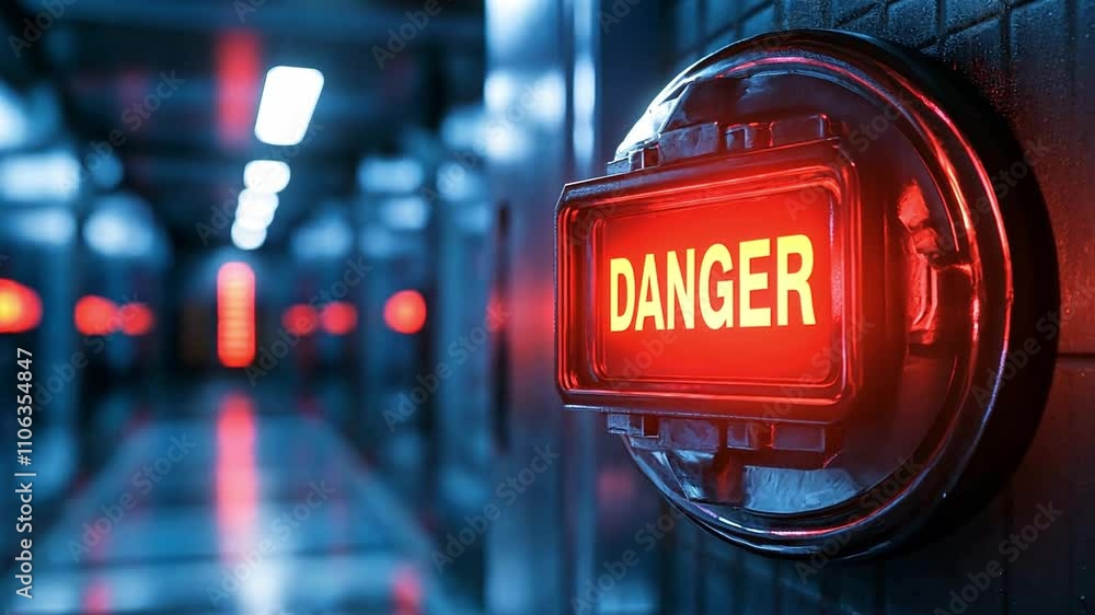 Poster a danger warning signal illuminated in a dim corridor with futuristic design elements