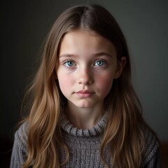 Fototapeta premium A young girl stands indoor in Russia, her striking grey-blue eyes gazing intently at the viewer. Natural light enhances her delicate features and long hair. Cute kid teenager schoolgirl. GenerativeAI