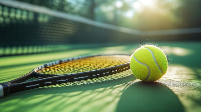 Tennis Racket and Ball on a Sunny Court