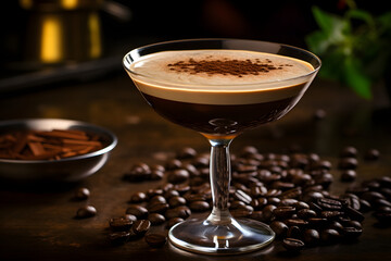 Espresso Martini Cocktail with Vodka, Coffee Liqueur, and Coffee Beans