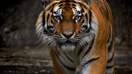 Tiger's Face showcasing powerful gaze, striking stripes, and majestic beauty in the heart of the wild.

