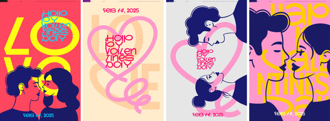 Charming Valentine's Day poster set featuring intimate couple illustrations, bold typography, and heart motifs in modern, vibrant color palettes.