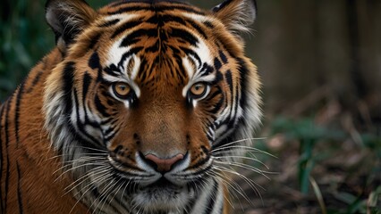 Fototapeta premium Tiger's Face showcasing powerful gaze, striking stripes, and majestic beauty in the heart of the wild.