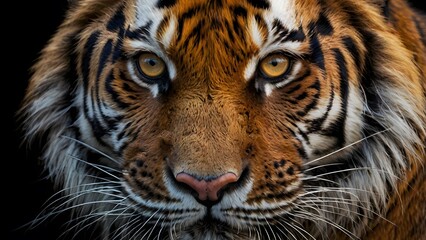 Obraz premium Tiger's Face showcasing powerful gaze, striking stripes, and majestic beauty in the heart of the wild.