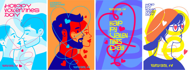 Bold Valentine's Day poster set featuring colorful couple portraits and dynamic heart motifs. Perfect for modern celebrations of love and creativity.