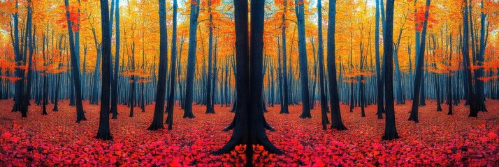 Colorful Fall woods with foliage trees. Seasonal theme for greeting card background.