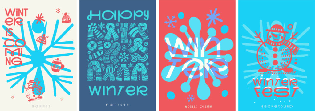 A lively winter poster set featuring snowflakes, scarves, snowmen, hats, and playful typography with vibrant colors, capturing the festive and cozy winter vibe.