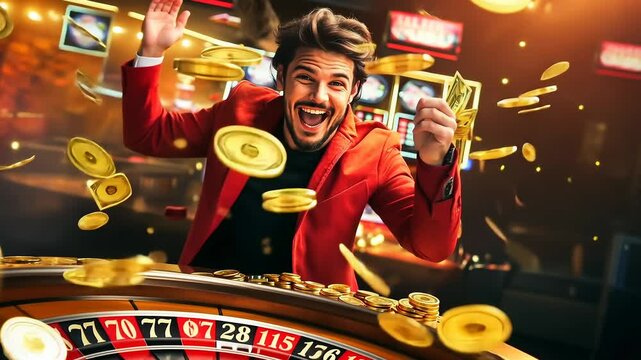 A joyful man celebrates a big win at a lively casino, surrounded by colorful lights and the sound of spinning slots. The atmosphere is electric with anticipation and luck.